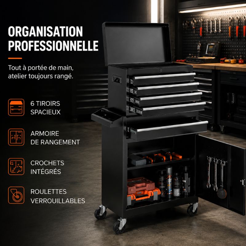 Servante 5 Tiroirs Noir 2en1 Caisse Amovible et Roulettes A4