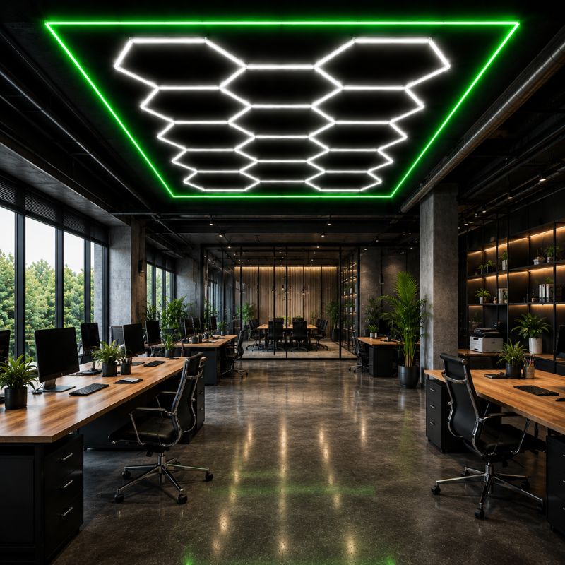 Plafonnier LED Hexagonal 14 Modules 2,40 m x 4,80 m –  blanc 6500K avec cadre vert
