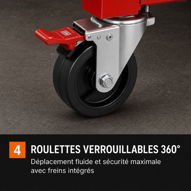 Servante 4 Tiroirs Rouge sur Roulettes Verrouillable S3