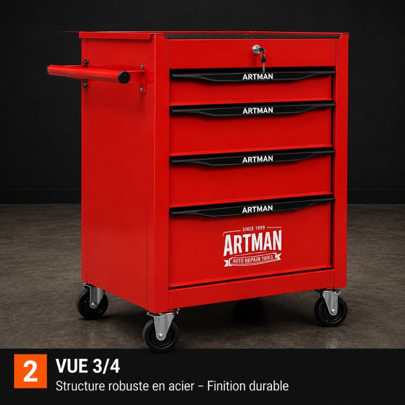 Servante 4 Tiroirs Rouge sur Roulettes Verrouillable S3