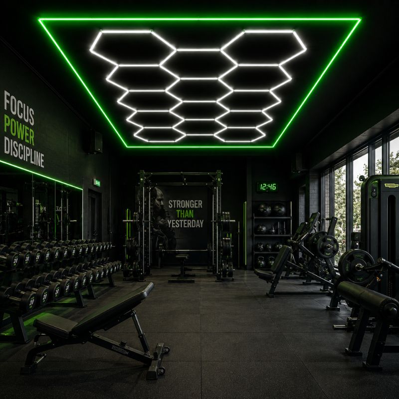 Plafonnier LED Hexagonal 14 Modules 2,40 m x 4,80 m –  blanc 6500K avec cadre vert