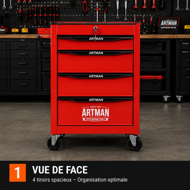 Servante 4 Tiroirs Rouge sur Roulettes Verrouillable S3