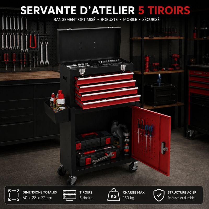Servante 2-en-1 noir et rouge avec caisse portable amovible A3