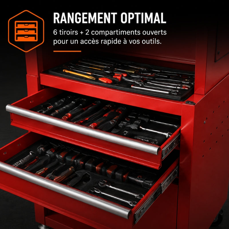 Servante d'Atelier 3en1 — Caisse Amovible, 6 Tiroirs & Armoire sur Roulettes A2