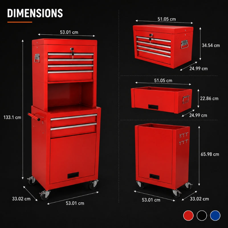 Servante d'Atelier 3en1 — Caisse Amovible, 6 Tiroirs & Armoire sur Roulettes A2
