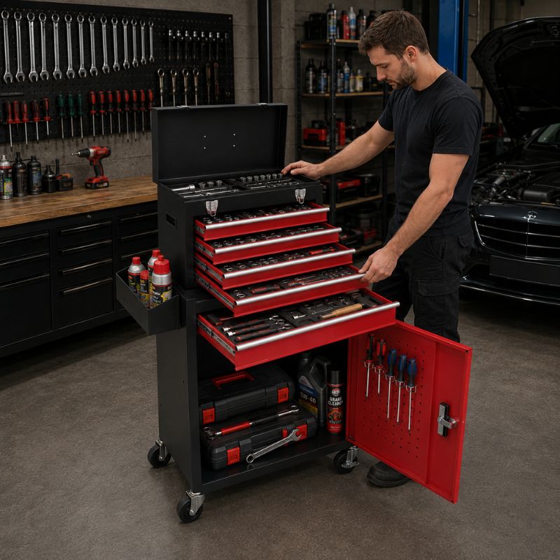 Servante 2-en-1 noir et rouge avec caisse portable amovible A3