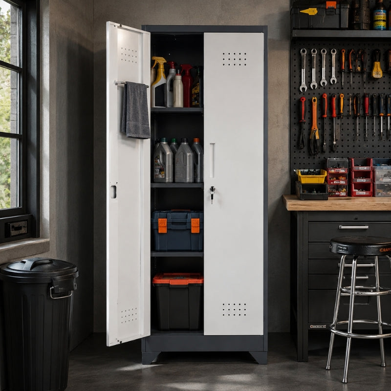 Armoire Métallique Atelier 165cm — 4 Étagères, Panneau Perforé & Serrure