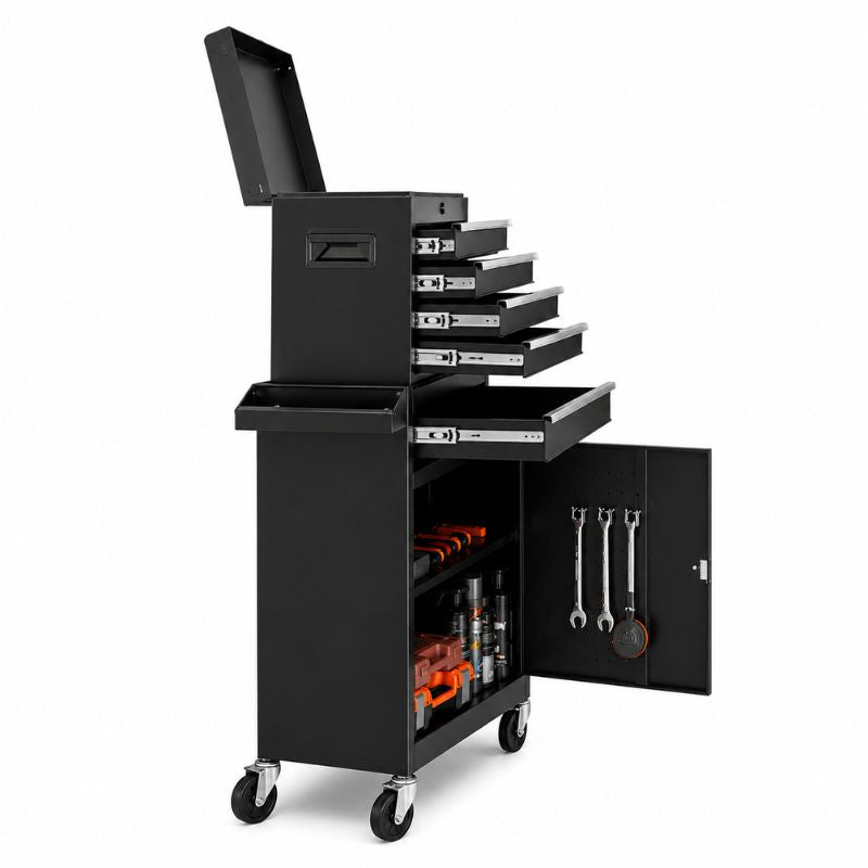 Servante 5 Tiroirs Noir 2en1 Caisse Amovible et Roulettes A4