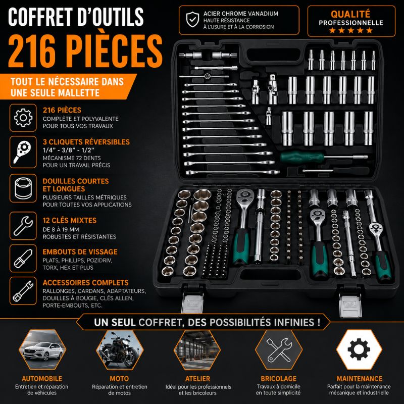 Coffret d'Outils Professionnel 216 Pièces