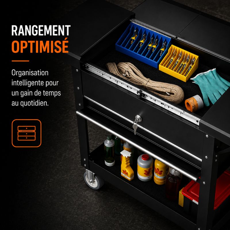 Servante d'Atelier 3 Tiroirs Noir — Plans de Travail Extensibles & Étagère Ouverte S1
