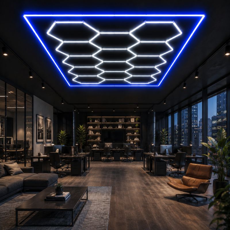 Plafonnier LED Hexagonal 14 Modules 2,40 m x 4,80 m –  blanc 6500K avec cadre bleu