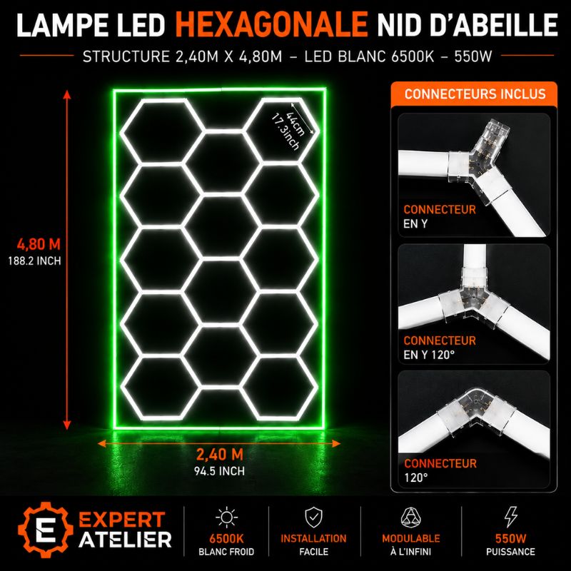 Plafonnier LED Hexagonal 14 Modules 2,40 m x 4,80 m –  blanc 6500K avec cadre vert