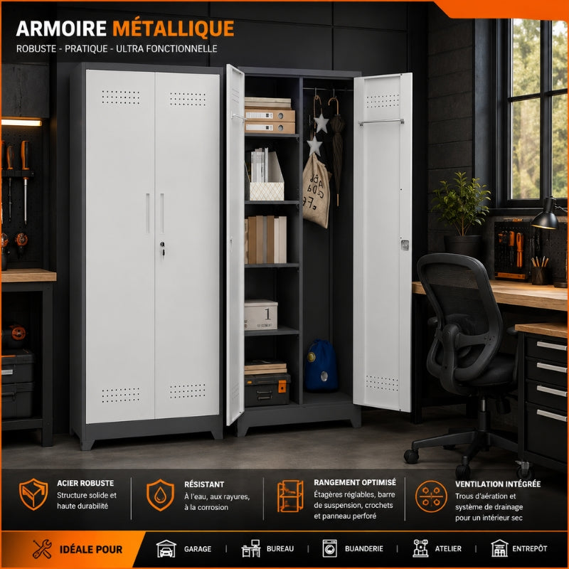 Armoire Métallique Atelier 165cm — 4 Étagères, Panneau Perforé & Serrure