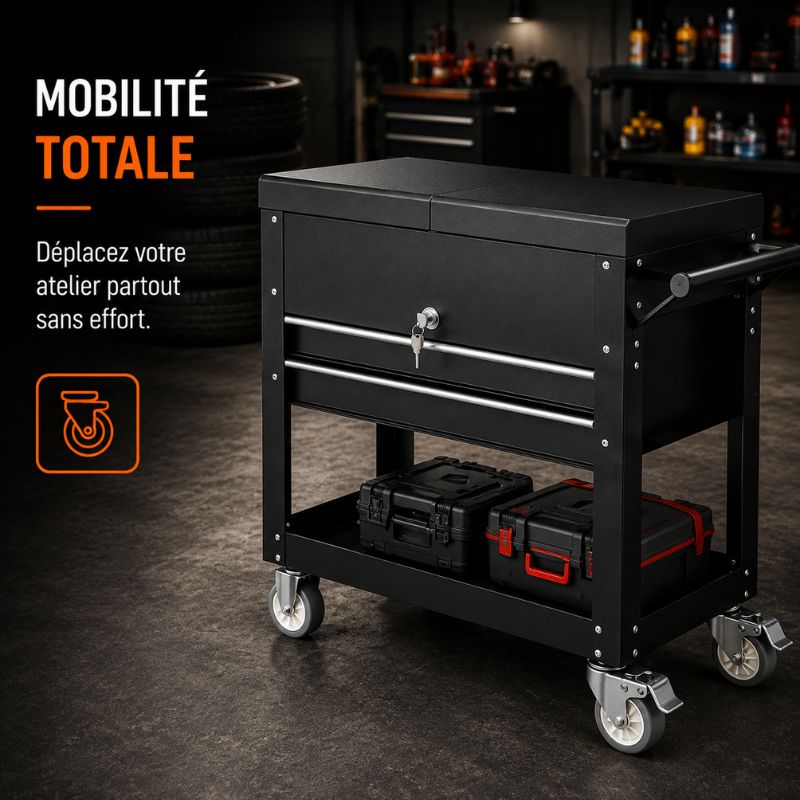 Servante d'Atelier 3 Tiroirs Noir — Plans de Travail Extensibles & Étagère Ouverte S1