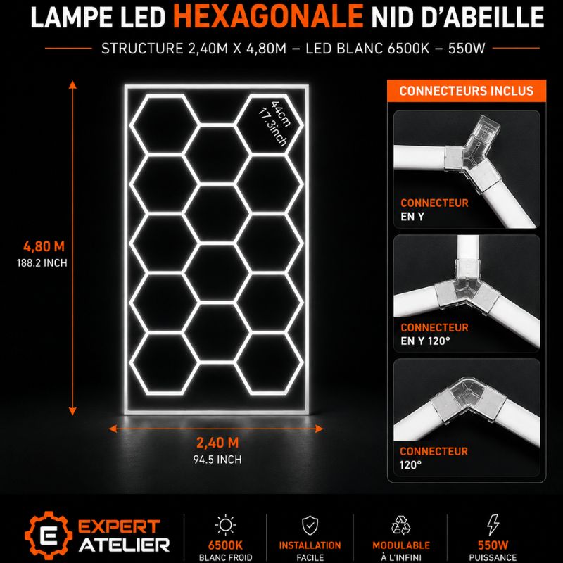 Plafonnier LED Hexagonal 14 Modules 2,40 m x 4,80 m –  blanc 6500K