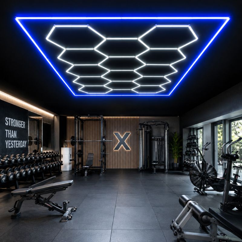 Plafonnier LED Hexagonal 14 Modules 2,40 m x 4,80 m –  blanc 6500K avec cadre bleu