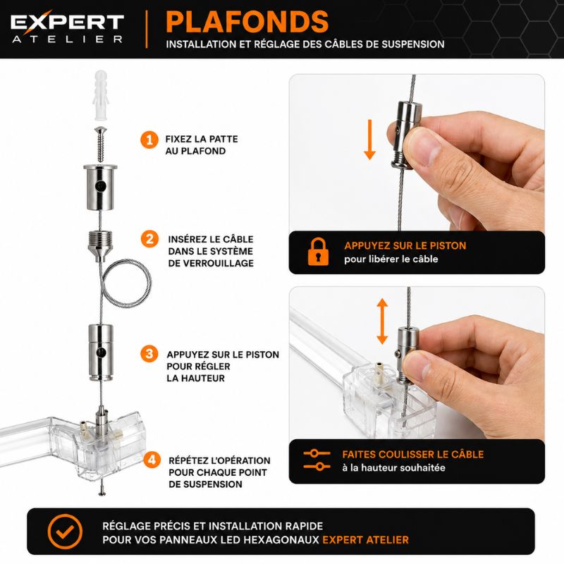 Kit 15 Câbles de Suspension Réglable pour Panneaux LED Hexagonaux – Acier Inoxydable 1 m