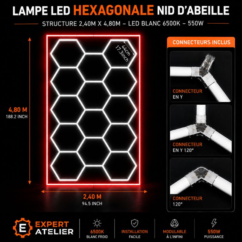 Plafonnier LED Hexagonal 14 Modules 2,40 m x 4,80 m –  blanc 6500K avec cadre rouge