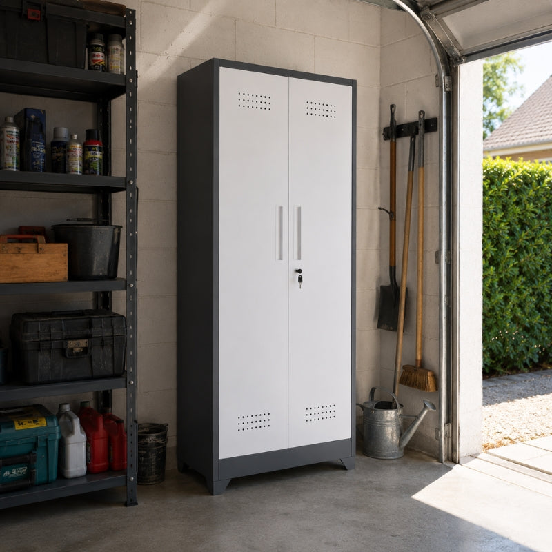 Armoire Métallique Atelier 165cm — 4 Étagères, Panneau Perforé & Serrure
