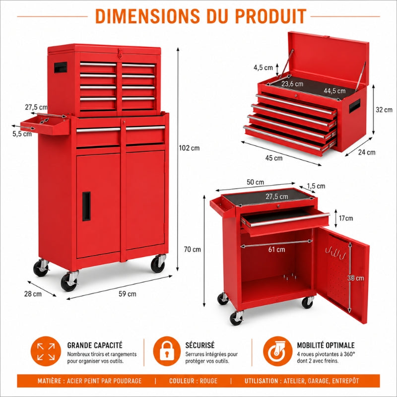 Servante atelier 5 tiroirs rouge 2en1 — caisse amovible A1