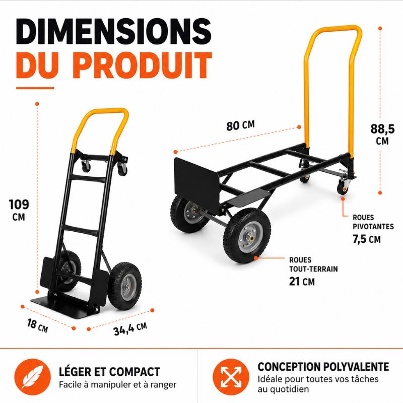 Chariot Diable 3-en-1 Acier renforcé - Charge max 120 kg