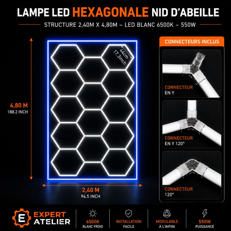 Plafonnier LED Hexagonal 14 Modules 2,40 m x 4,80 m –  blanc 6500K avec cadre bleu
