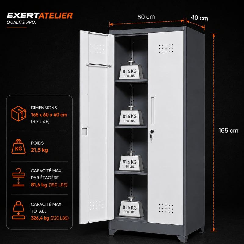 Armoire Métallique Atelier 165cm — 4 Étagères, Panneau Perforé & Serrure