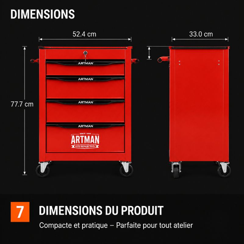 Servante 4 Tiroirs Rouge sur Roulettes Verrouillable S3