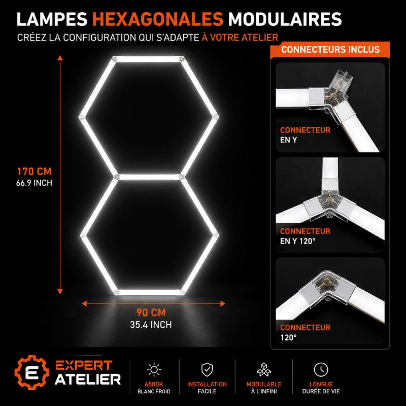 Plafonnier LED Hexagonal 2 Modules 1,70 m x 0,90 m – blanc 6500K