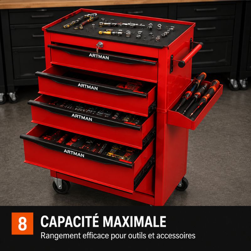 Servante 4 Tiroirs Rouge sur Roulettes Verrouillable S3