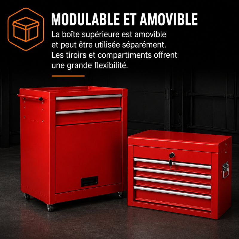 Servante d'Atelier 3en1 — Caisse Amovible, 6 Tiroirs & Armoire sur Roulettes A2