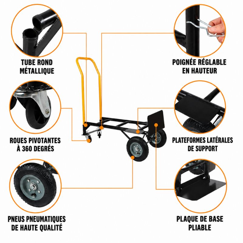 Chariot Diable 3-en-1 Acier renforcé - Charge max 120 kg