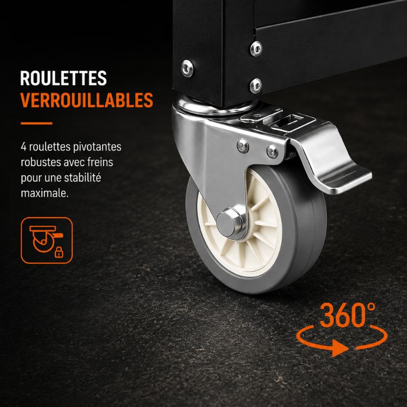 Servante d'Atelier 3 Tiroirs Noir — Plans de Travail Extensibles & Étagère Ouverte S1