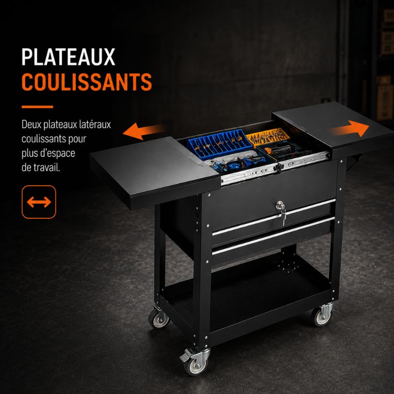 Servante d'Atelier 3 Tiroirs Noir — Plans de Travail Extensibles & Étagère Ouverte S1