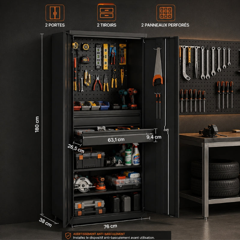 Armoire à Outils Atelier 180cm Noir