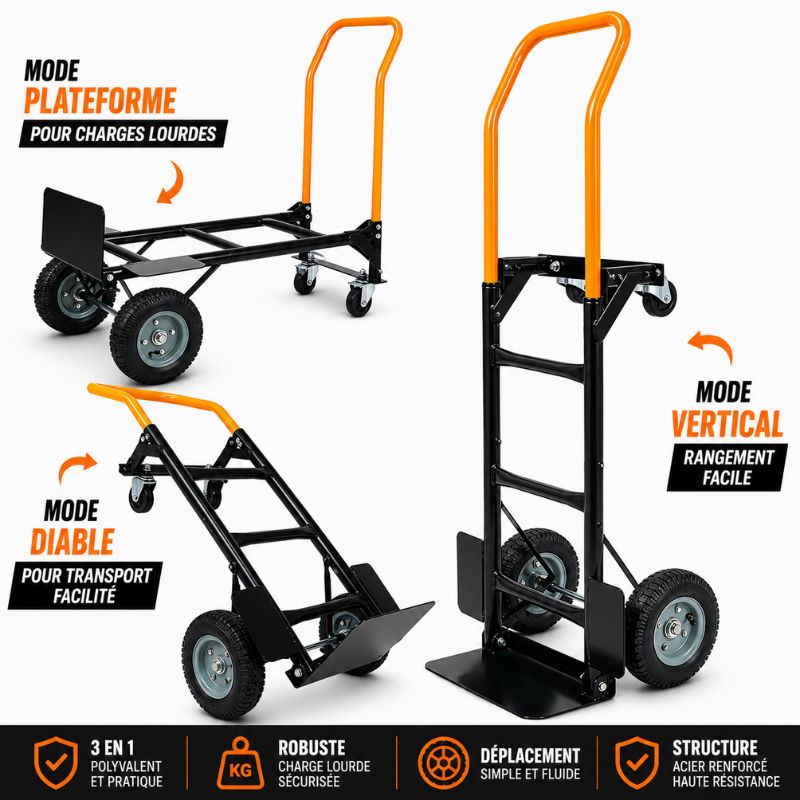 Chariot Diable 3-en-1 Acier renforcé - Charge max 120 kg