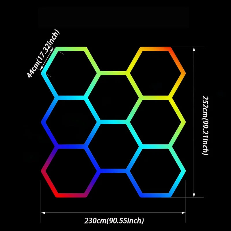 Plafonnier LED hexagonal RGBW 8 modules - dimensions 230 x 252 cm