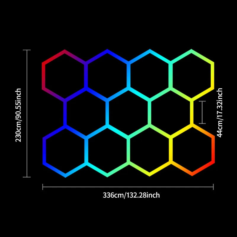 Plafonnier LED hexagonal RGBW 11 modules - dimensions 336 x 230 cm