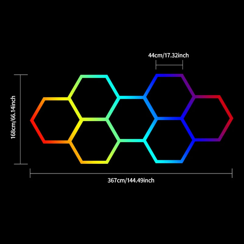 Plafonnier LED hexagonal RGBW 7 modules - dimensions 367 x 168 cm