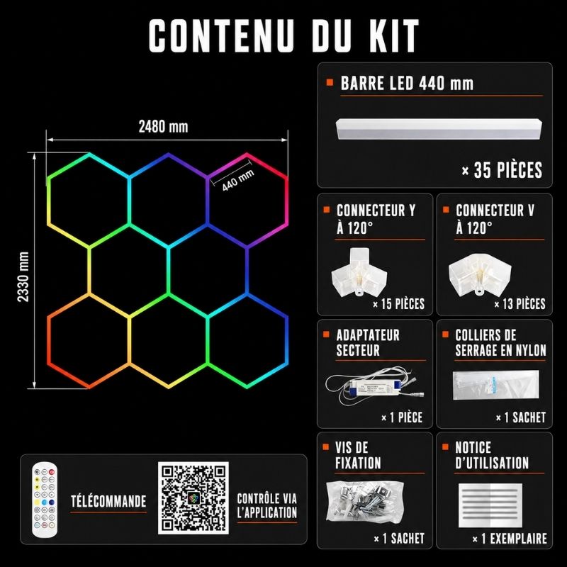 Plafonnier LED Hexagonal RGB Nid d'Abeille 8 Modules 2,48 m x 2,33 m – RGB connecté
