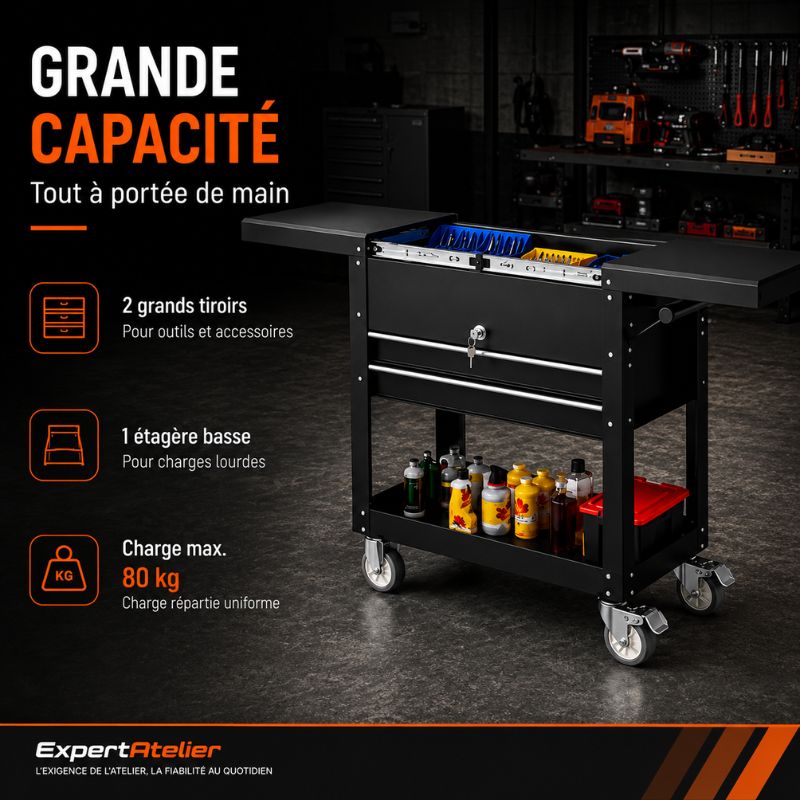 Servante d'Atelier 3 Tiroirs Noir — Plans de Travail Extensibles & Étagère Ouverte S1