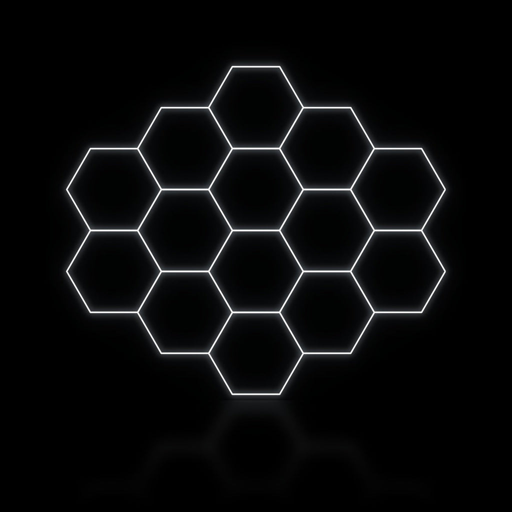 Éclairage LED hexagonal nid d'abeille 14 modules en grande trame 3,90 x 3,40 m, blanc dimmable ou 3 couleurs, showroom