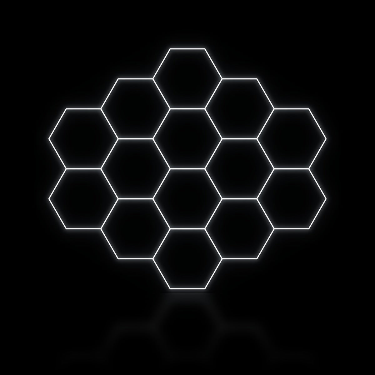 Éclairage LED hexagonal nid d'abeille 14 modules en grande trame 3,90 x 3,40 m, blanc dimmable ou 3 couleurs, showroom