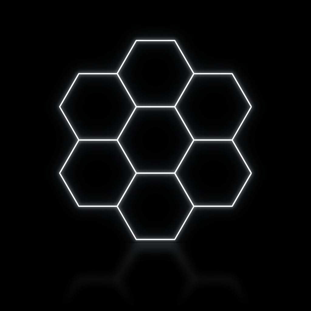 Éclairage LED hexagonal 7 modules en rosace 2,40 x 2,40 m, blanc dimmable ou 3 couleurs, poste de detailing