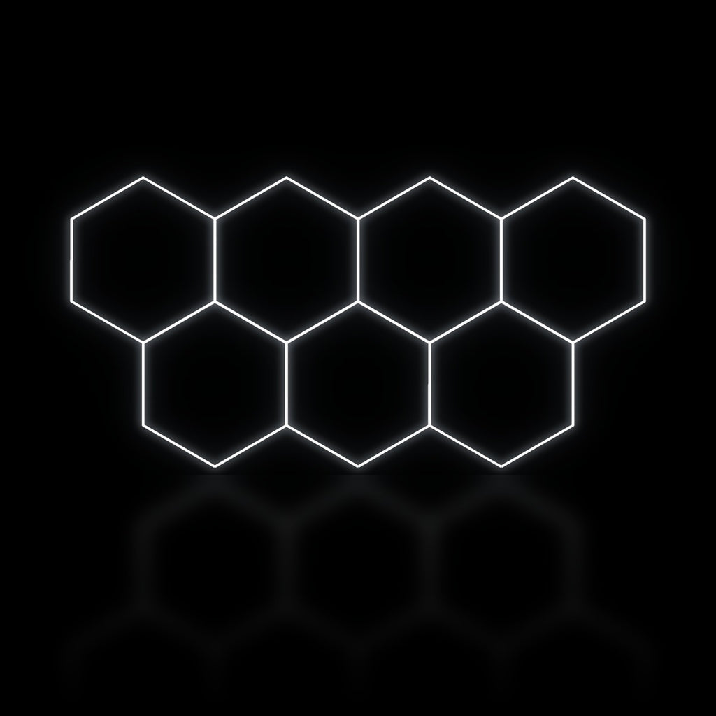 Éclairage LED hexagonal 7 modules en trame resserrée 3,30 x 1,70 m, blanc dimmable ou 3 couleurs, atelier detailing