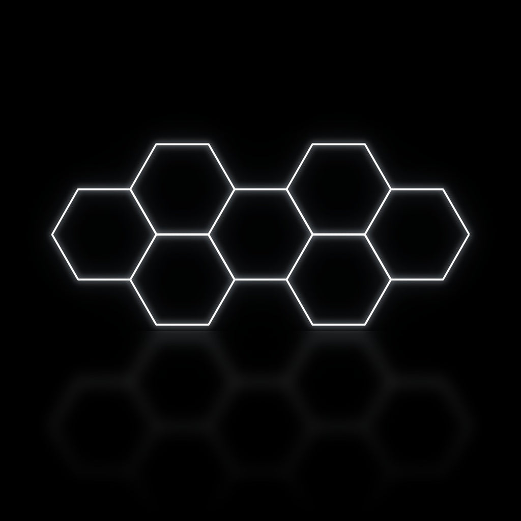 Éclairage LED hexagonal nid d'abeille 7 modules en bande longue 3,90 x 1,70 m, blanc dimmable ou 3 couleurs, garage et atelier