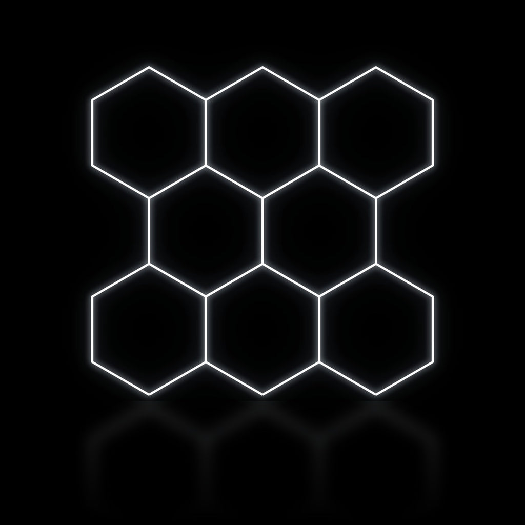 Éclairage LED hexagonal 8 modules en bloc compact 2,50 x 2,40 m, blanc dimmable ou 3 couleurs, poste de detailing
