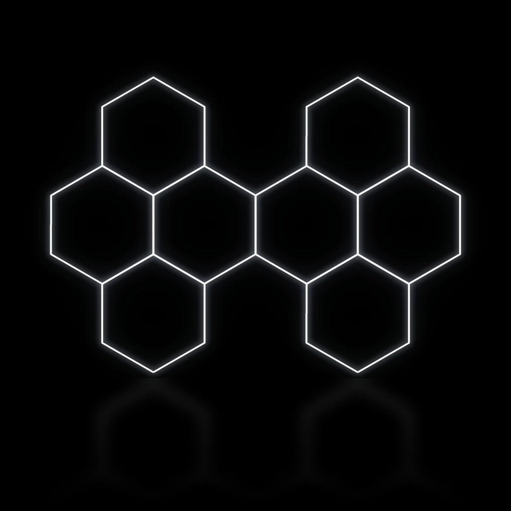 Éclairage LED hexagonal 8 modules en trame quinconce 3,20 x 2,40 m, blanc dimmable ou 3 couleurs, box de garage