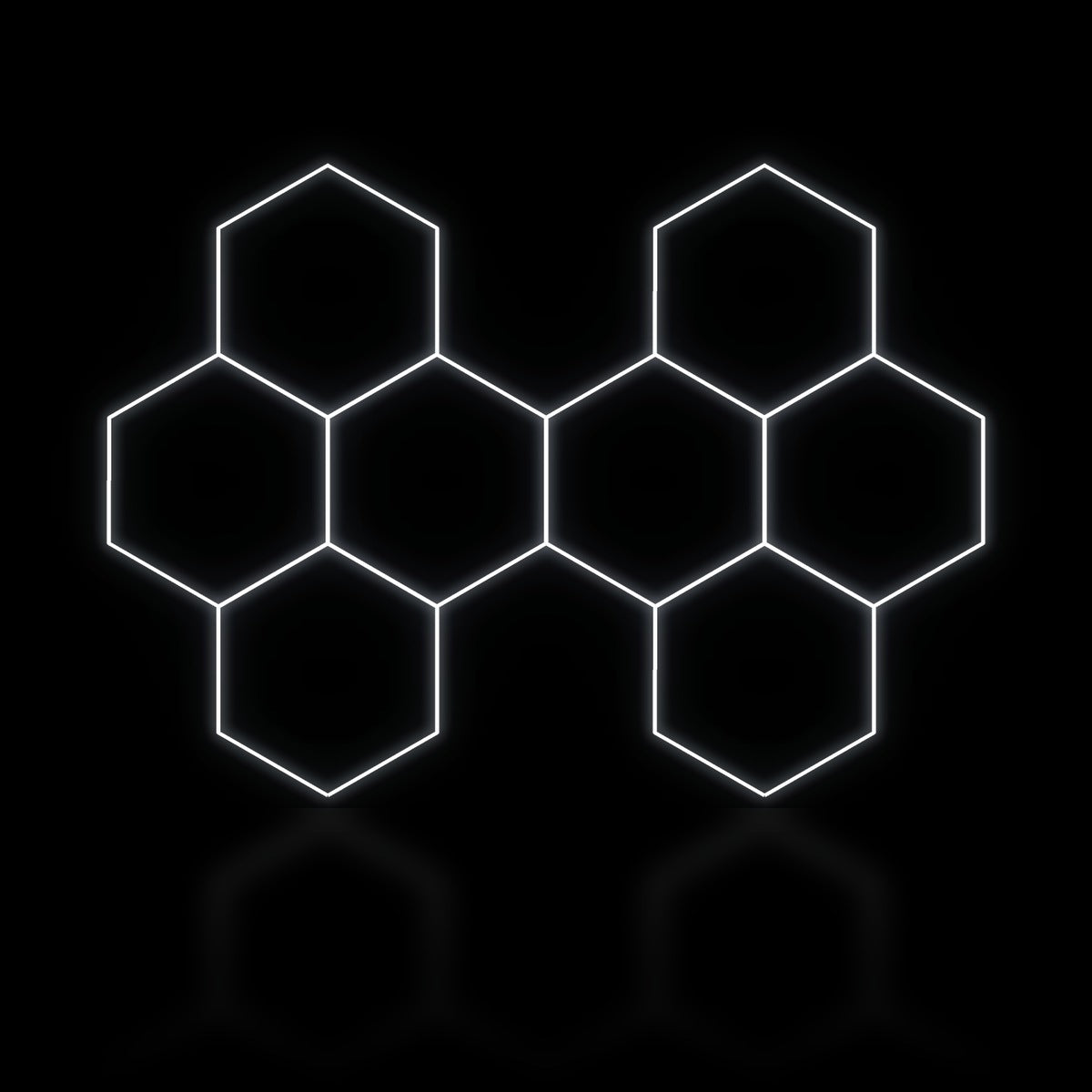 Éclairage LED hexagonal 8 modules en trame quinconce 3,20 x 2,40 m, blanc dimmable ou 3 couleurs, box de garage