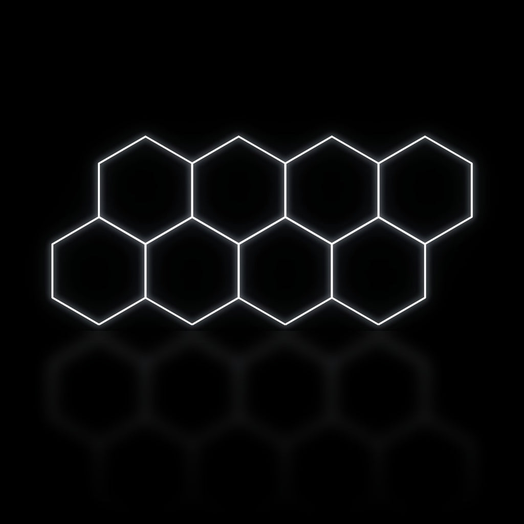 Éclairage LED hexagonal 8 modules en bande décalée 3,70 x 1,60 m, blanc dimmable ou 3 couleurs, atelier detailing